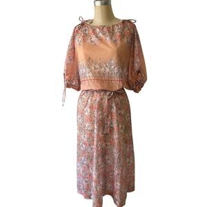 70s or 80s Sheer Floral Spring Summer Peach Dress
